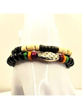 Unisex Tribal Bracelet Stack, Wood Bead Stretch Bracelets, Boho Layered Jewelry